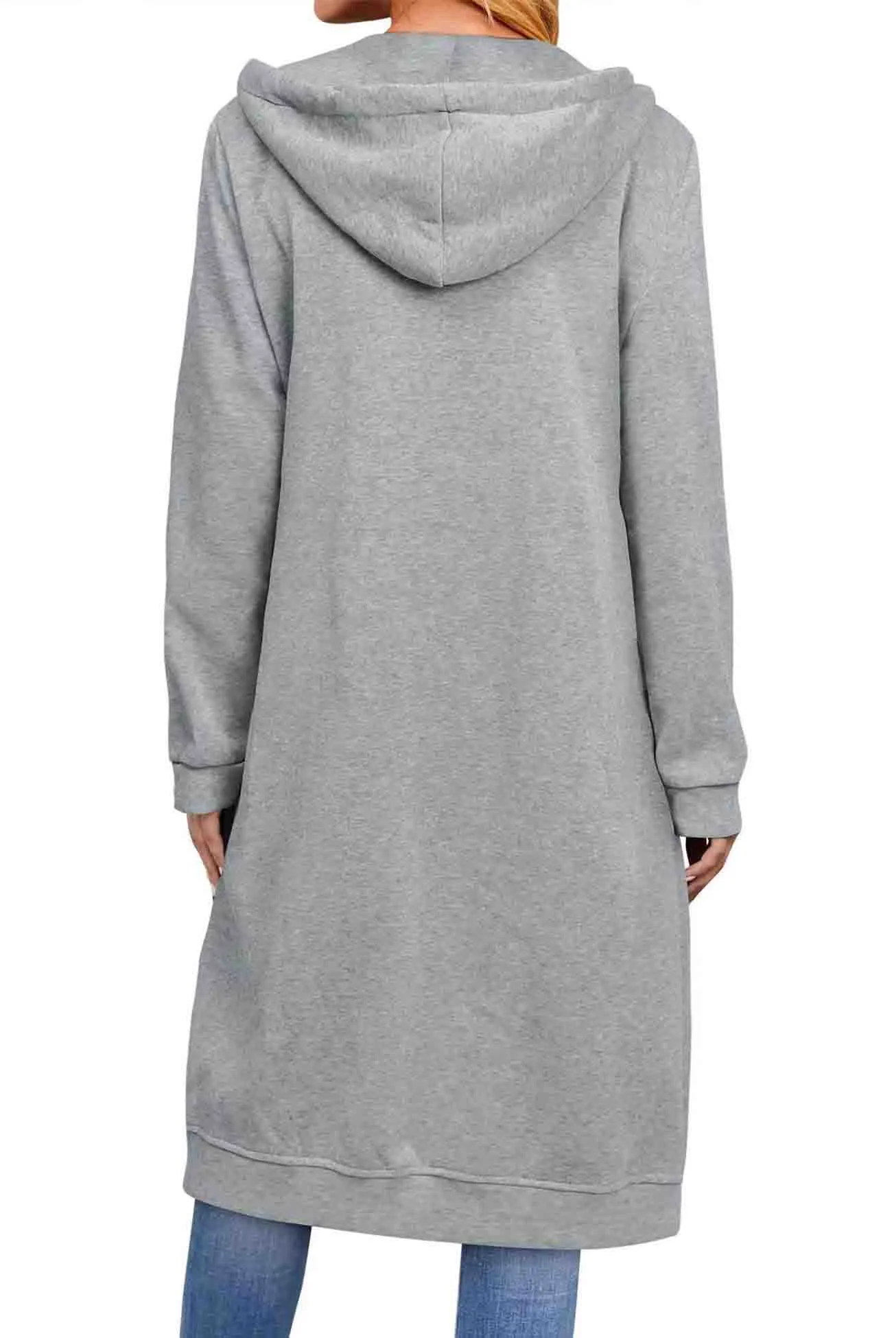 BerryBetty - Solid Zip Up Drawstring Hooded Long Cardigan
