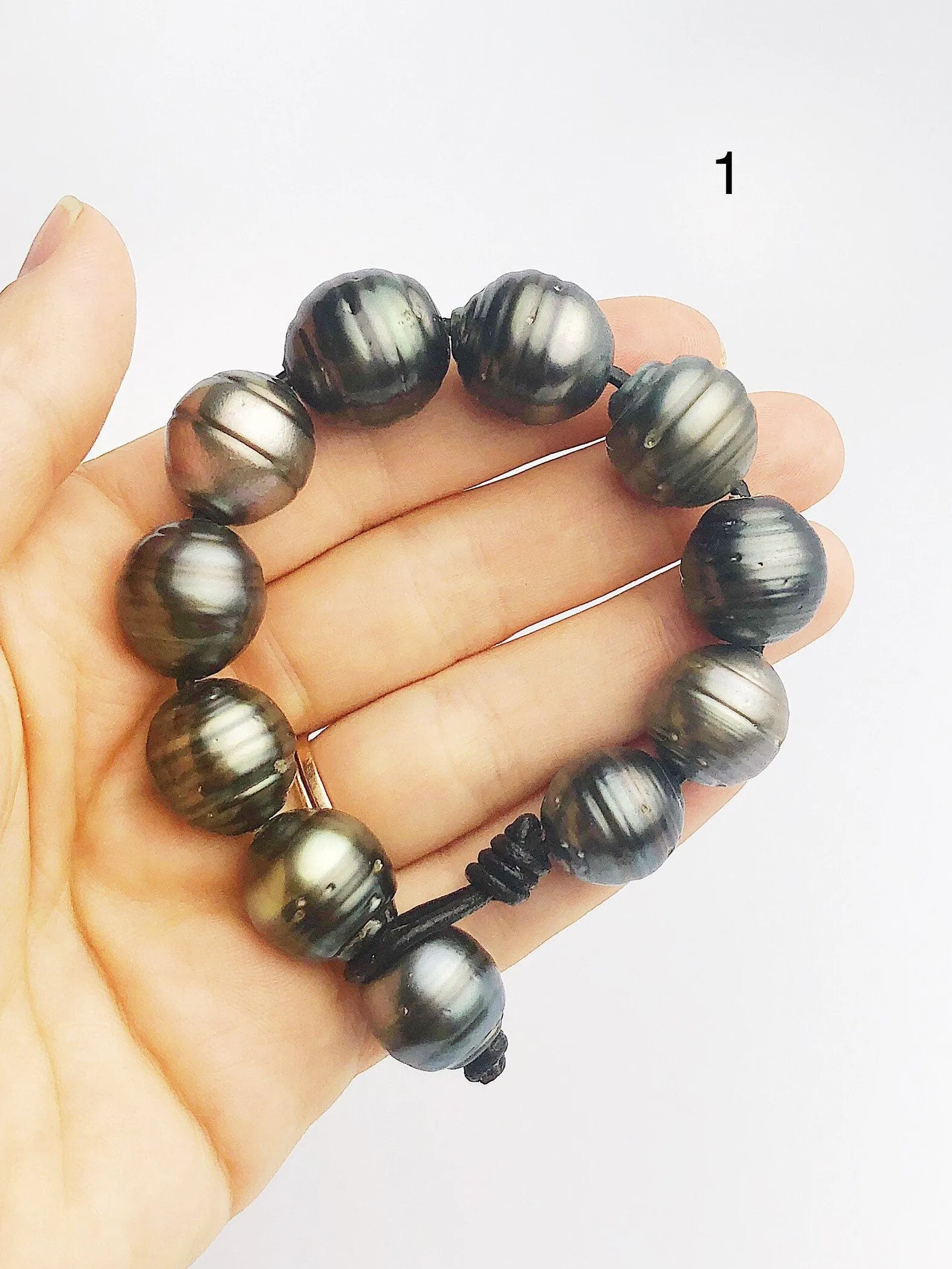 BIG Tahitian Pearl Bracelet on Leather - 17mm to 14mm (398 No. 1-3)