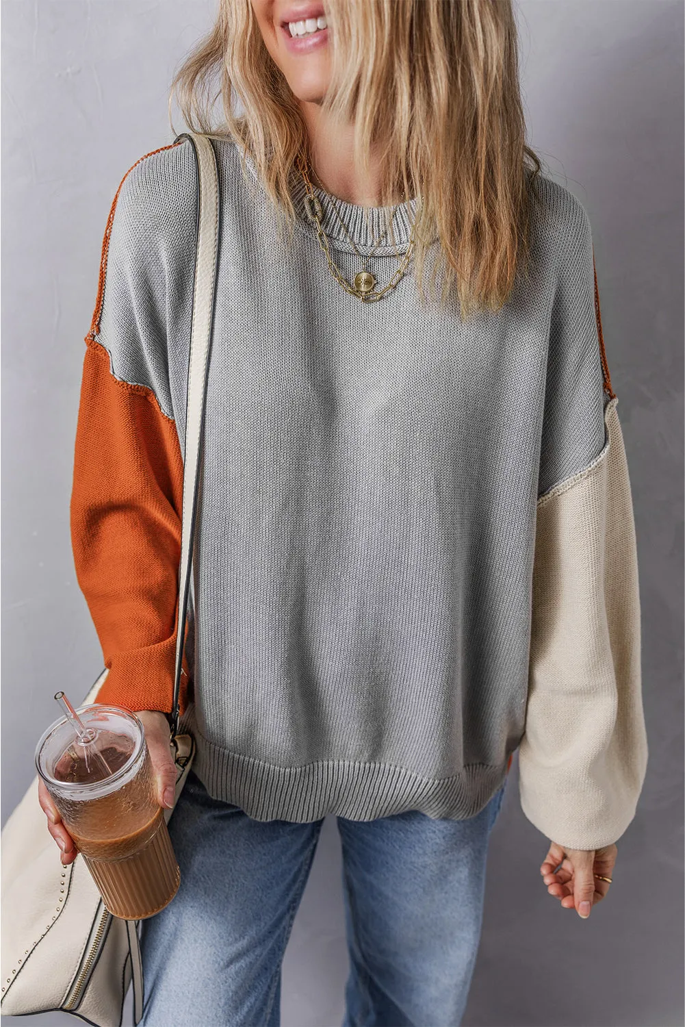 Bishop Sleeve Ribbed Trim Sweater