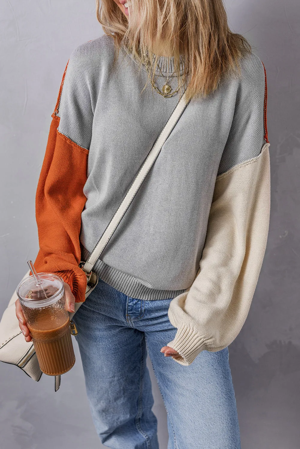 Bishop Sleeve Ribbed Trim Sweater