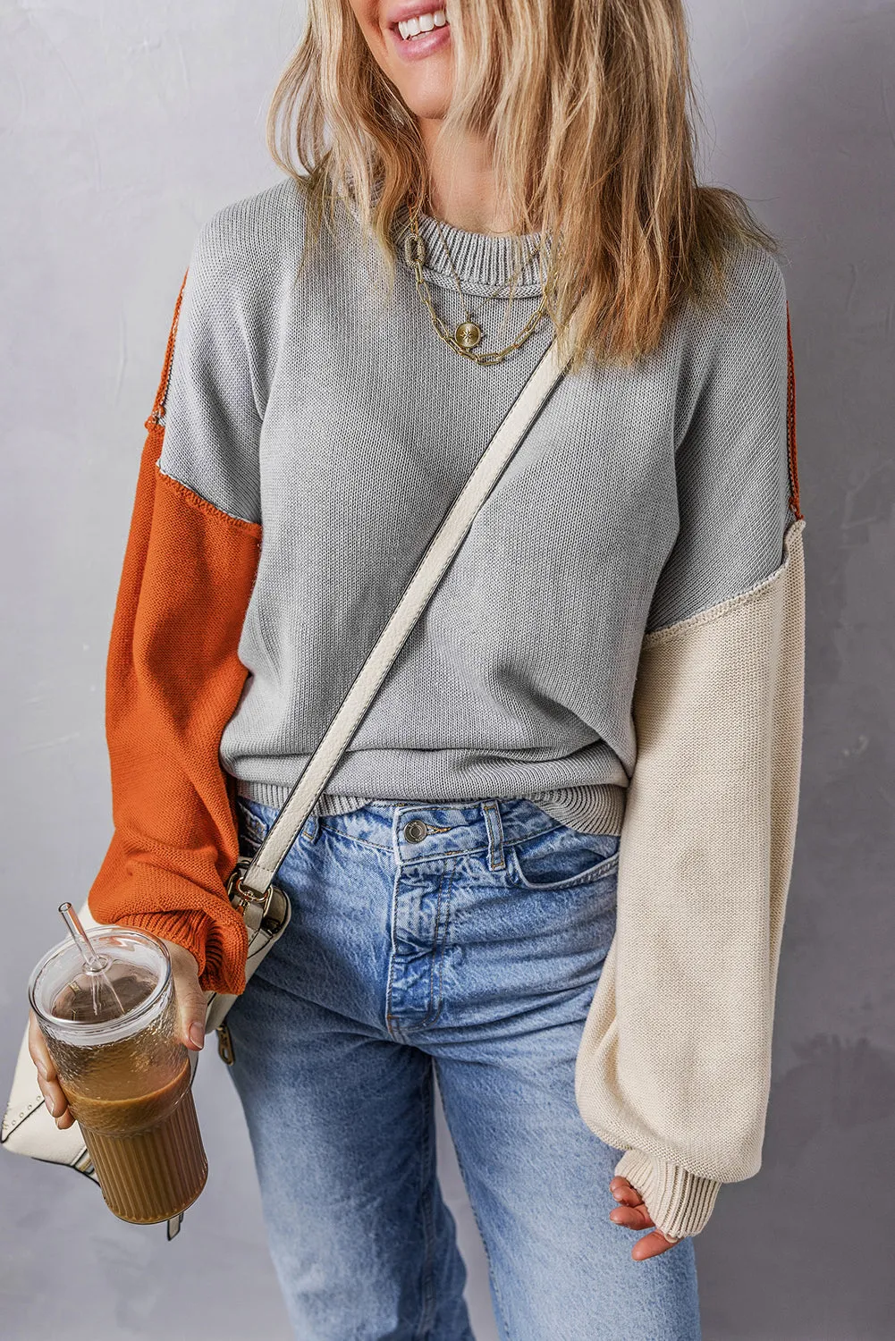 Bishop Sleeve Ribbed Trim Sweater