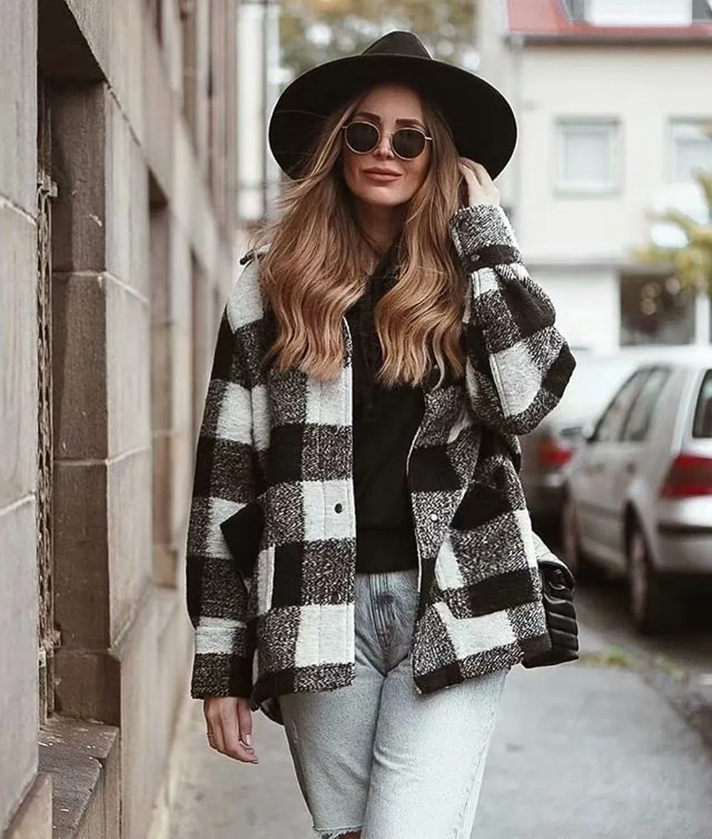 Black And White Grid Single-breasted Shirt Style Cardigan Coat