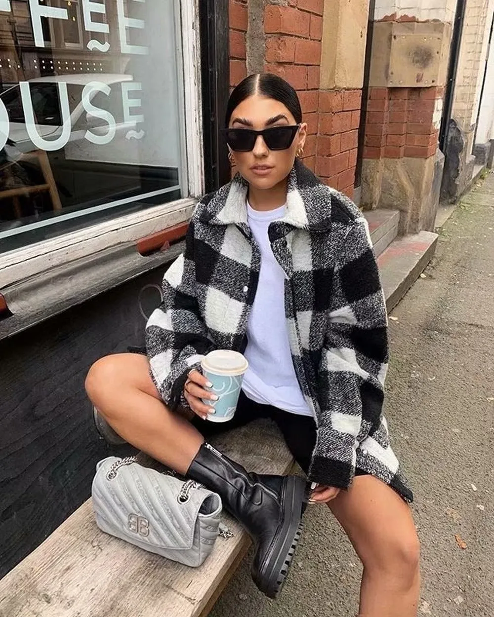 Black And White Grid Single-breasted Shirt Style Cardigan Coat