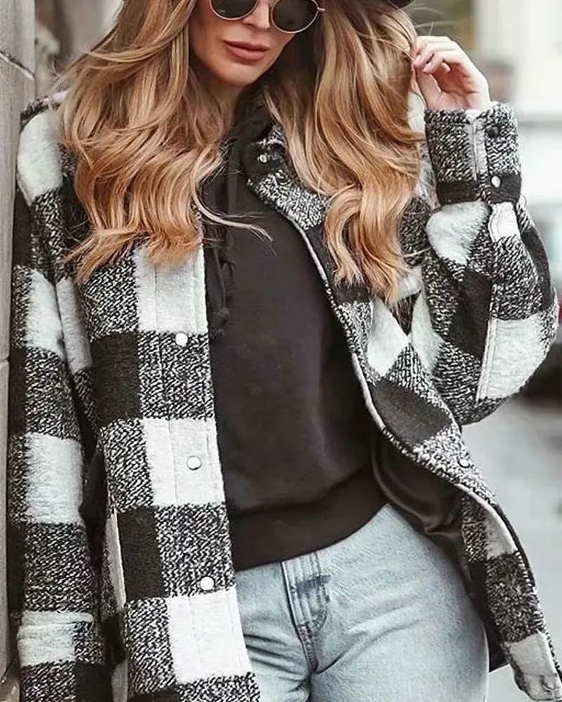 Black And White Grid Single-breasted Shirt Style Cardigan Coat