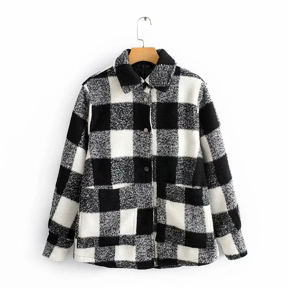 Black And White Grid Single-breasted Shirt Style Cardigan Coat
