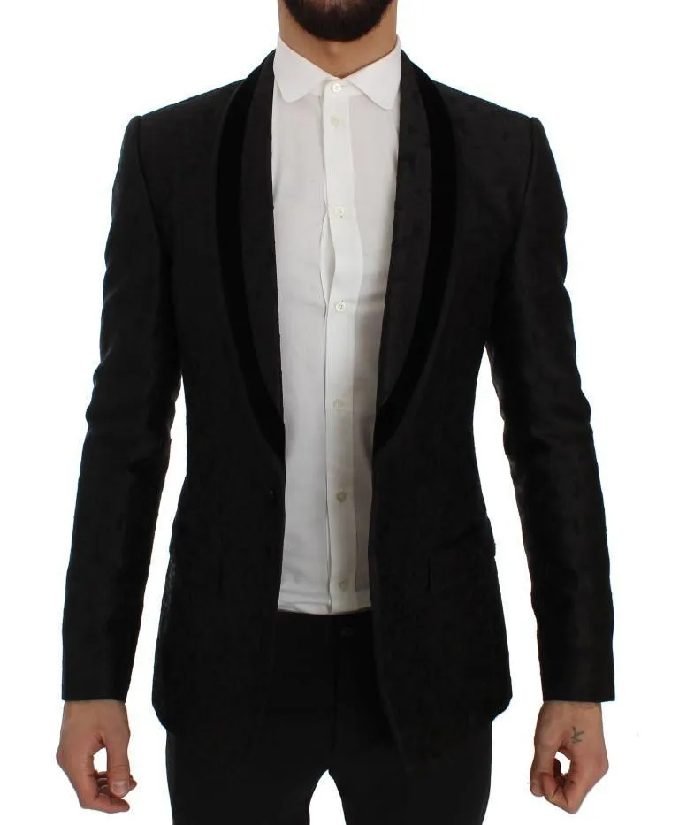 Black Floral Ricamo Slim Fit Blazer Jacket