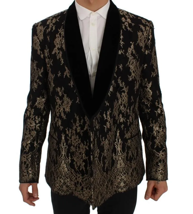 Black Gold Floral Lace Slim Fit Blazer Jacket