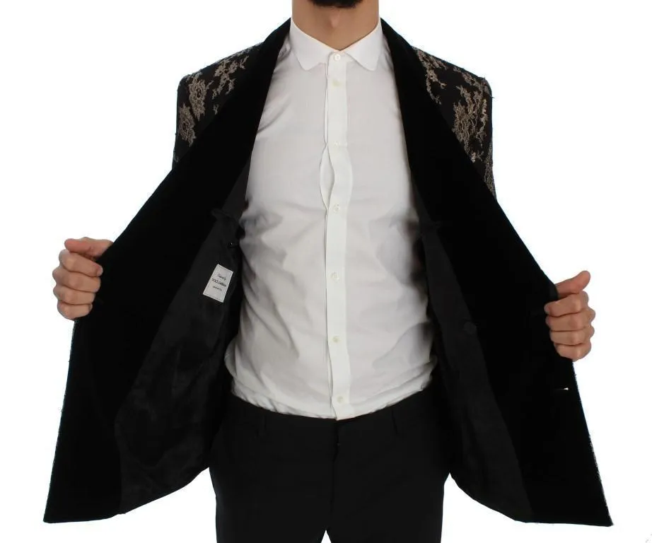 Black Gold Floral Lace Slim Fit Blazer Jacket