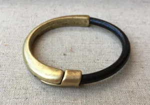 Black Leather Cuff Bracelet for Women with Antique Brass Half Cuff Magnetic Clasp