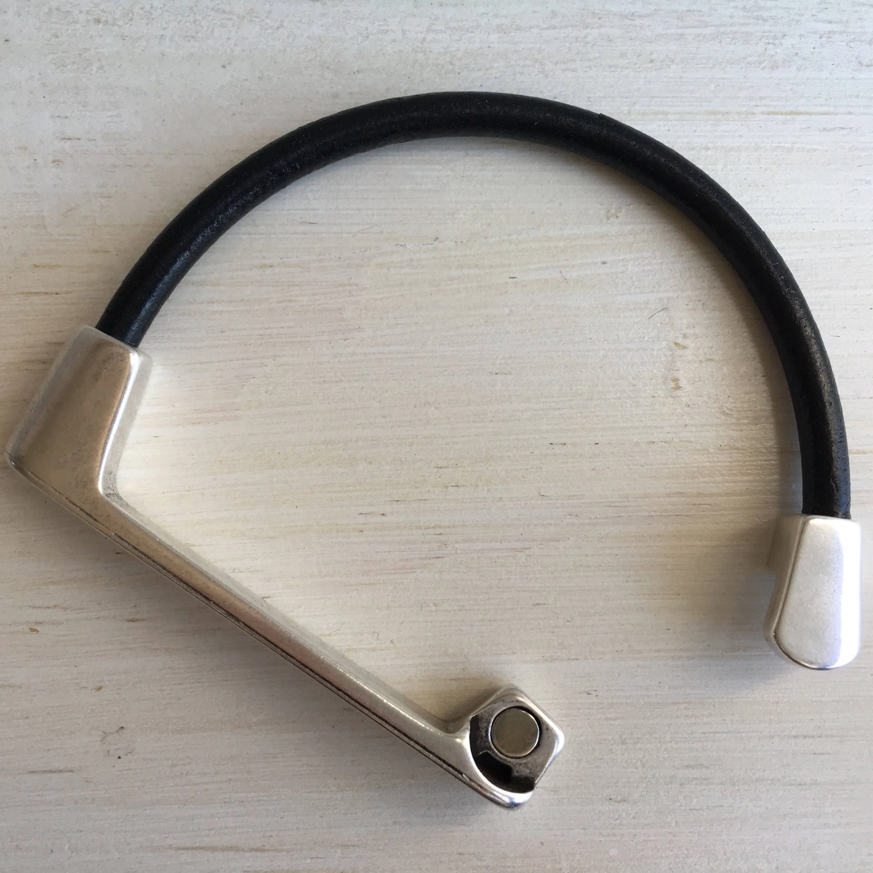 Black Leather Cuff Bracelet for Women With Silver Straight Bar Magnetic Clasp