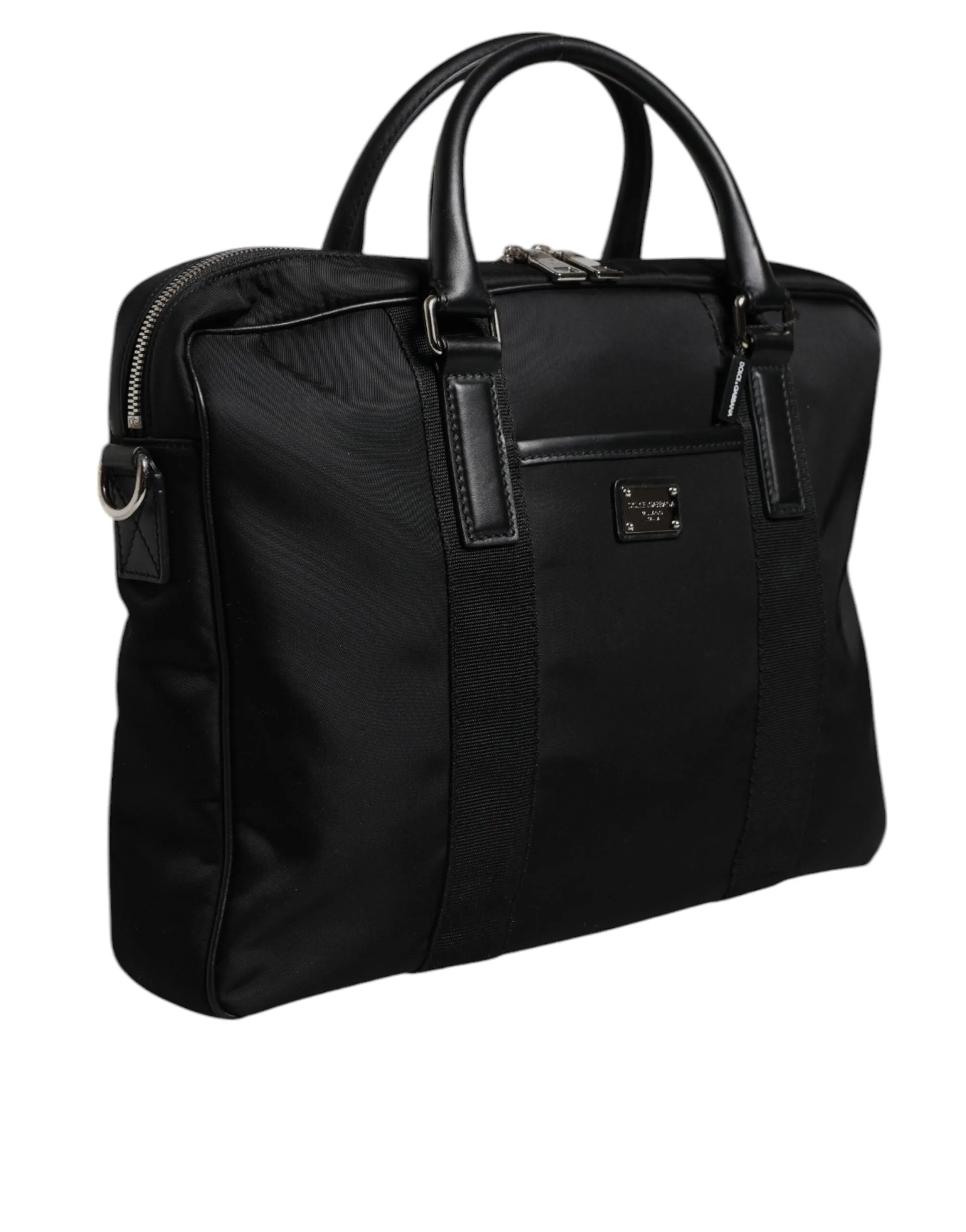 Black Leather Document Briefcase Top Handle Bag