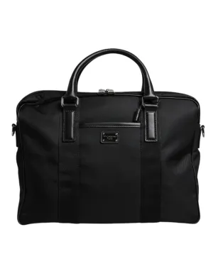 Black Leather Document Briefcase Top Handle Bag