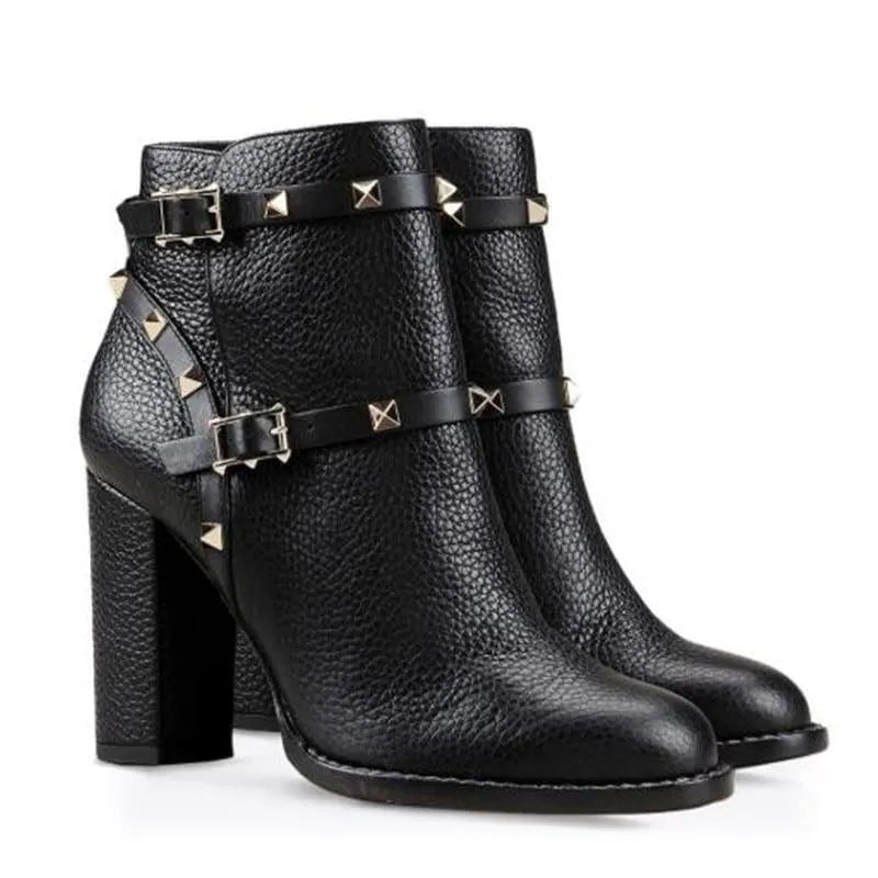 Black Thick High Heel Ankle Strap Studded Spikes Booties