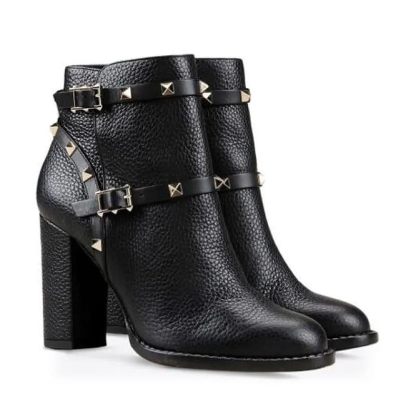 Black Thick High Heel Ankle Strap Studded Spikes Booties