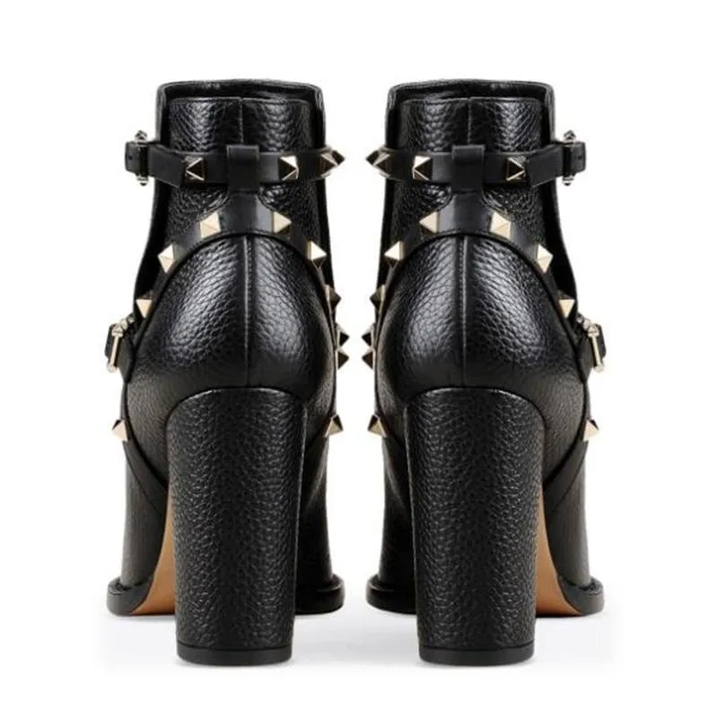 Black Thick High Heel Ankle Strap Studded Spikes Booties