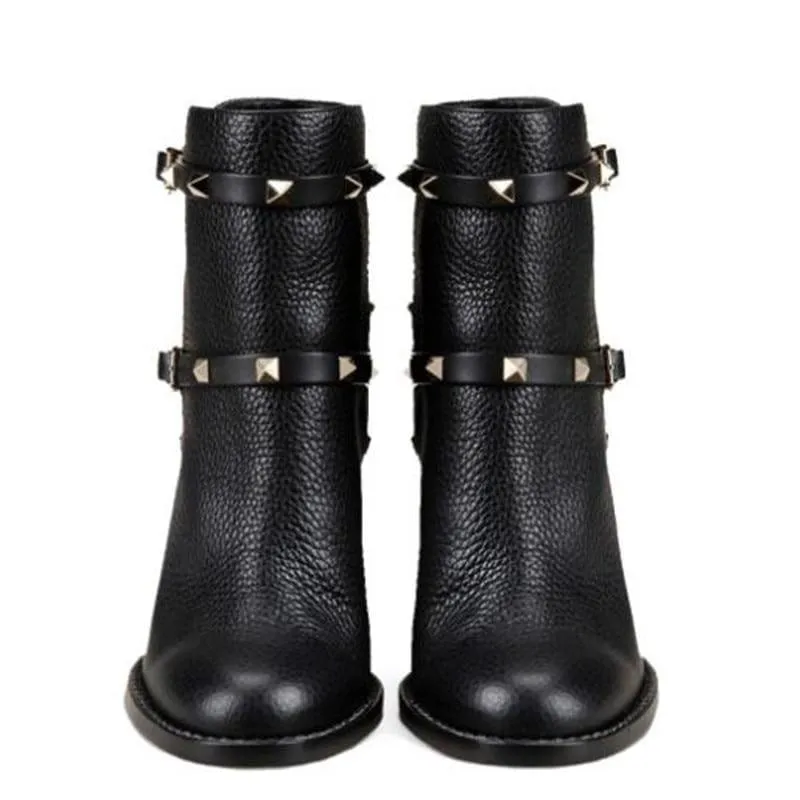 Black Thick High Heel Ankle Strap Studded Spikes Booties