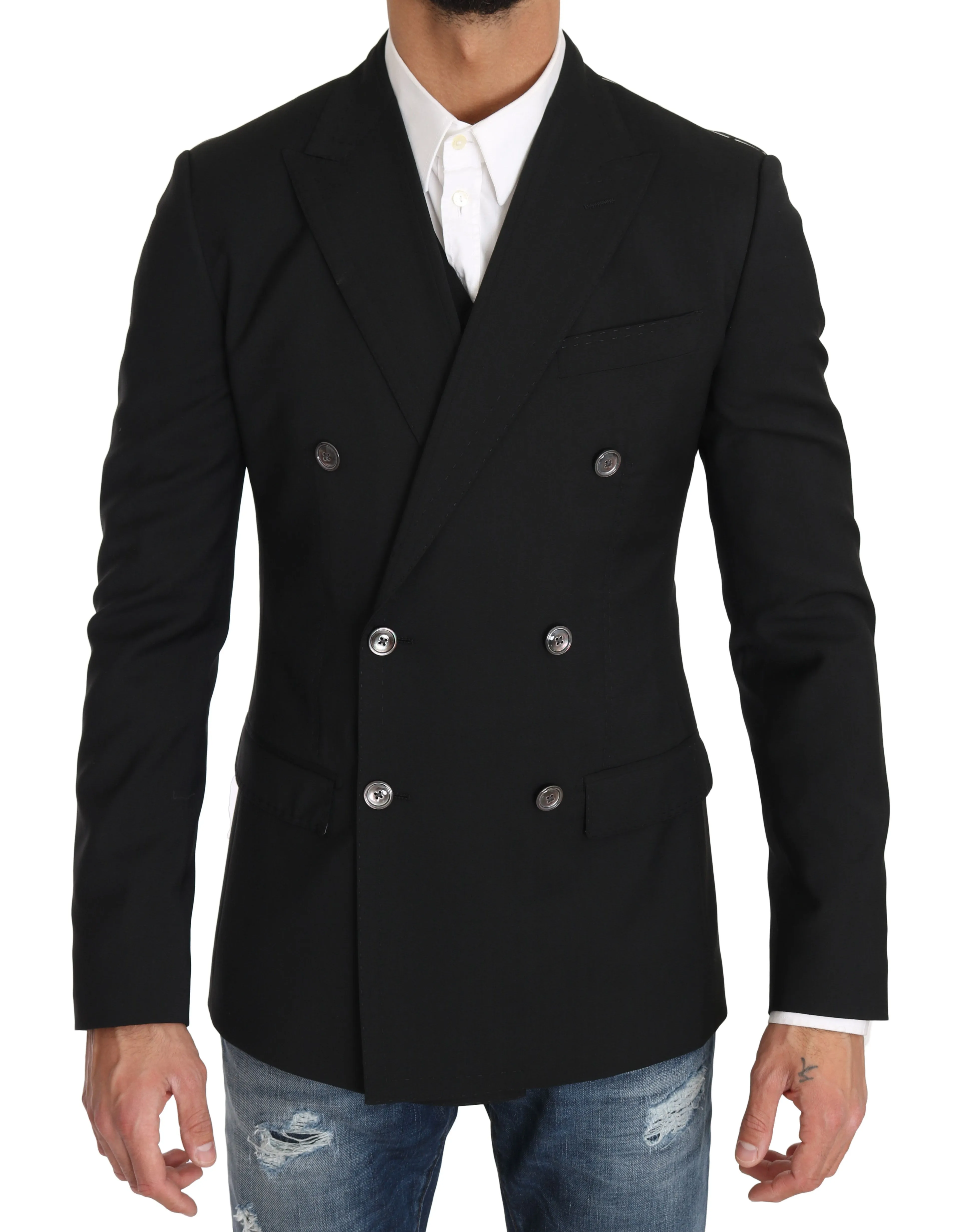 Black Wool Blazer Vest 2 Piece Bird Print