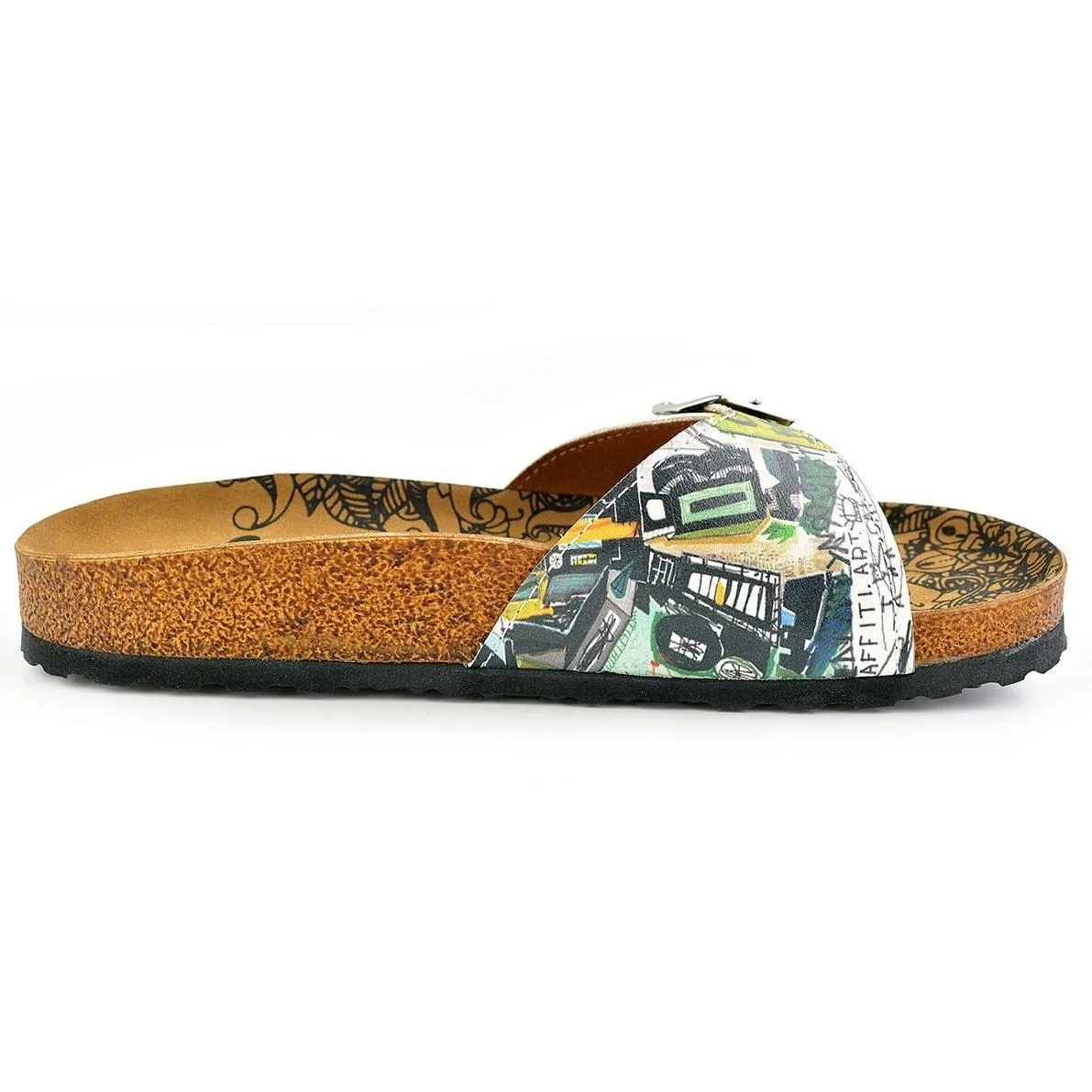 Black, Yellow, Green Shaped Abstract Patterned Sandal - CAL907
