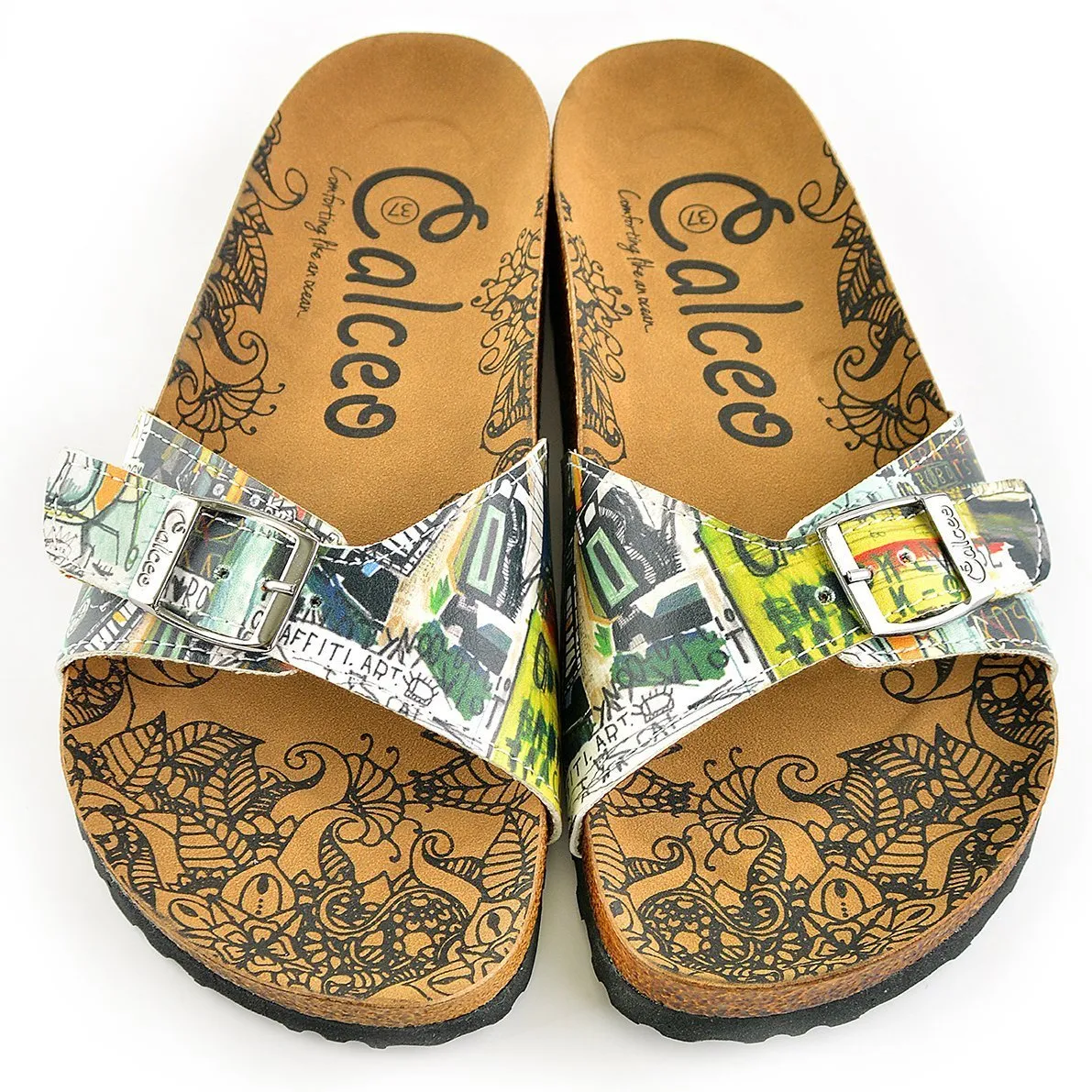 Black, Yellow, Green Shaped Abstract Patterned Sandal - CAL907
