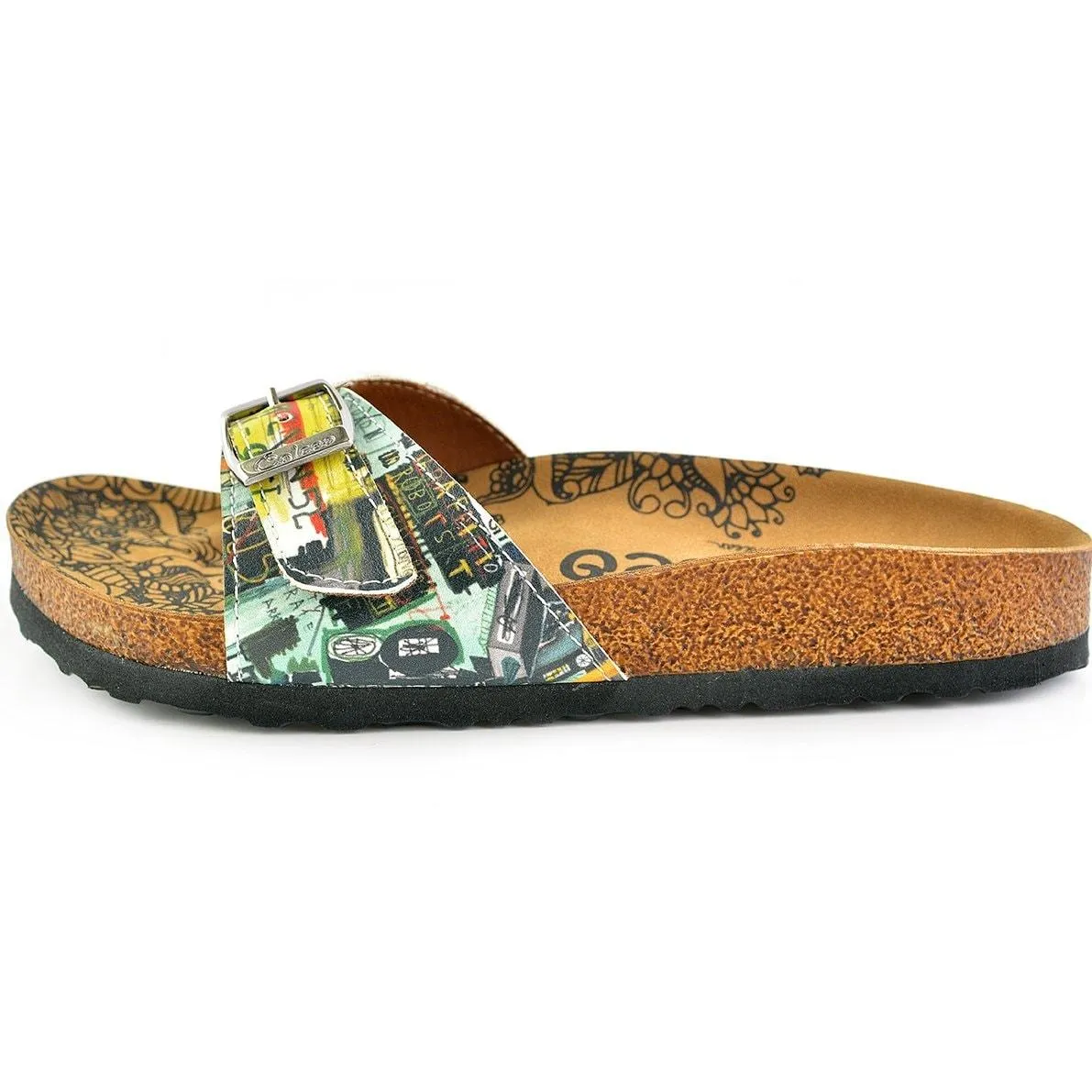 Black, Yellow, Green Shaped Abstract Patterned Sandal - CAL907