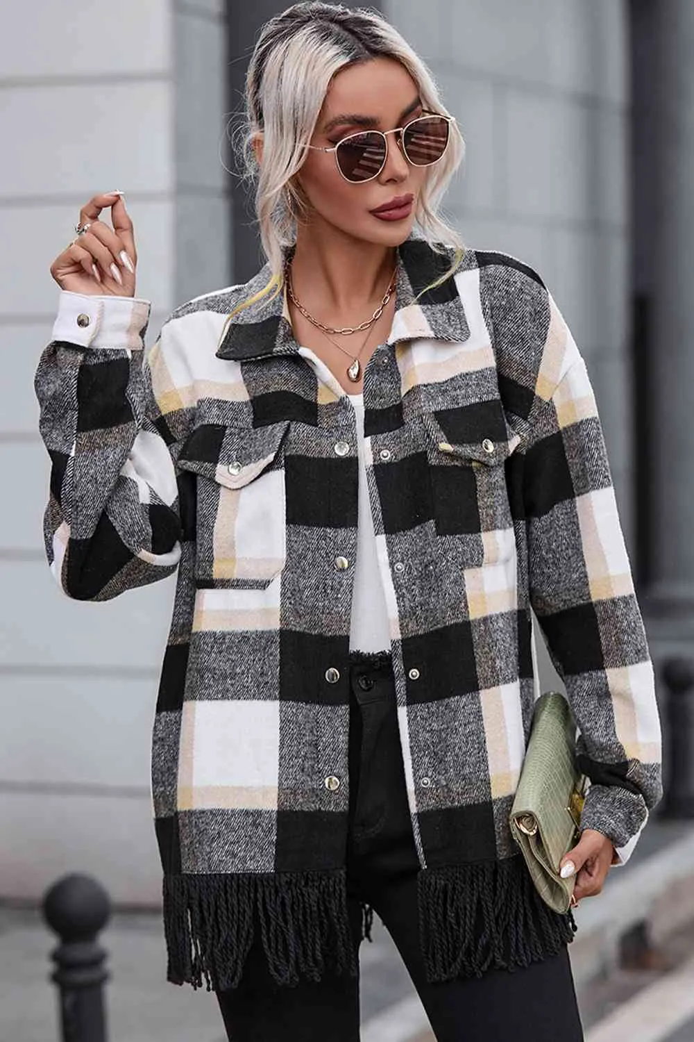 Blakely Plaid Collared Neck Snap Front Jacket