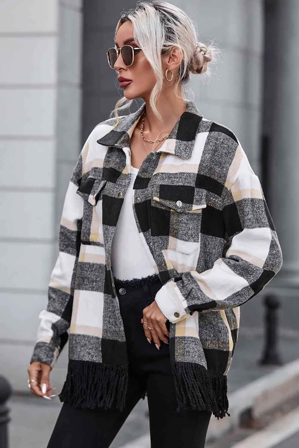 Blakely Plaid Collared Neck Snap Front Jacket