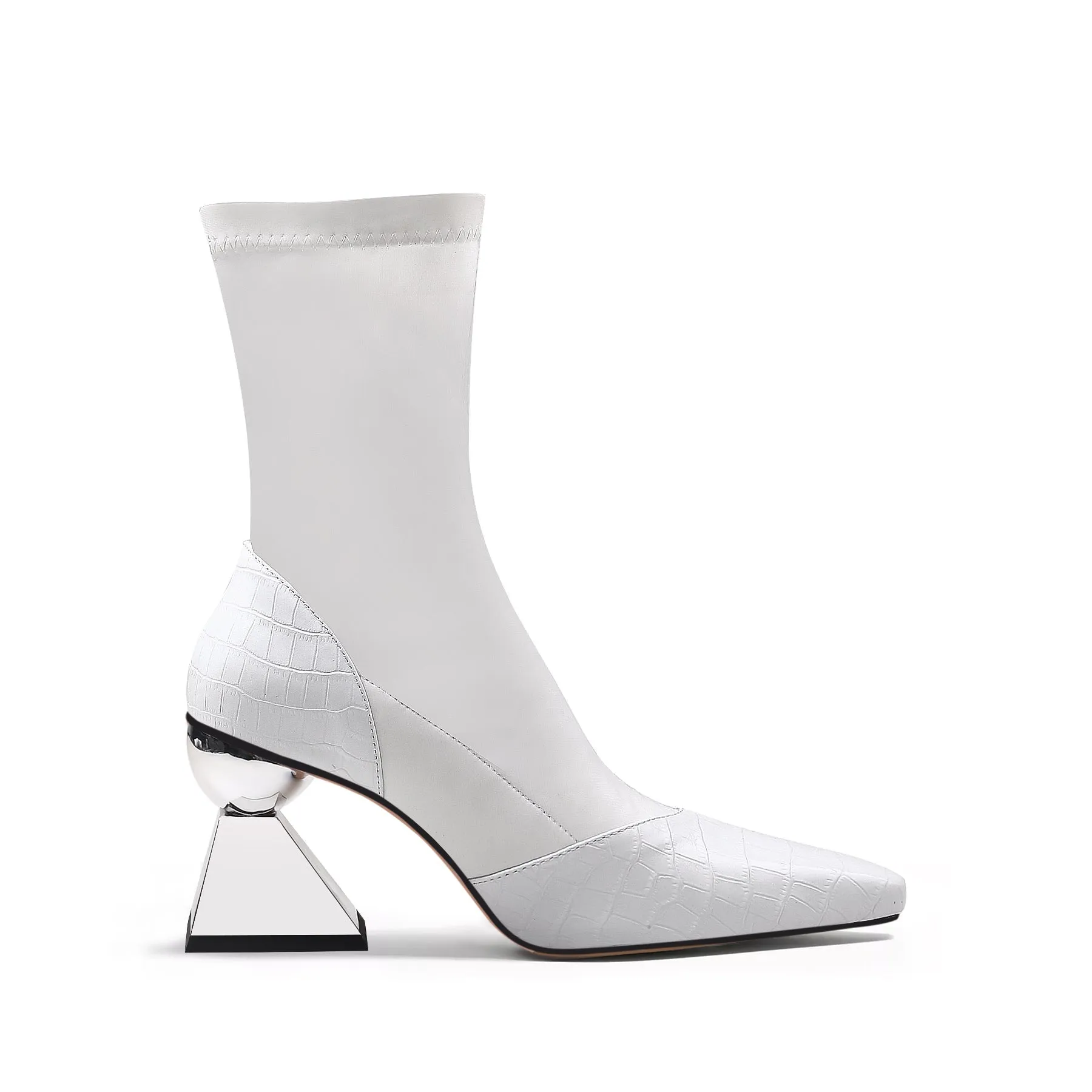 Block Heel Croc Pattern Leather Sock Boot - White