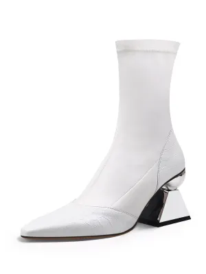 Block Heel Croc Pattern Leather Sock Boot - White