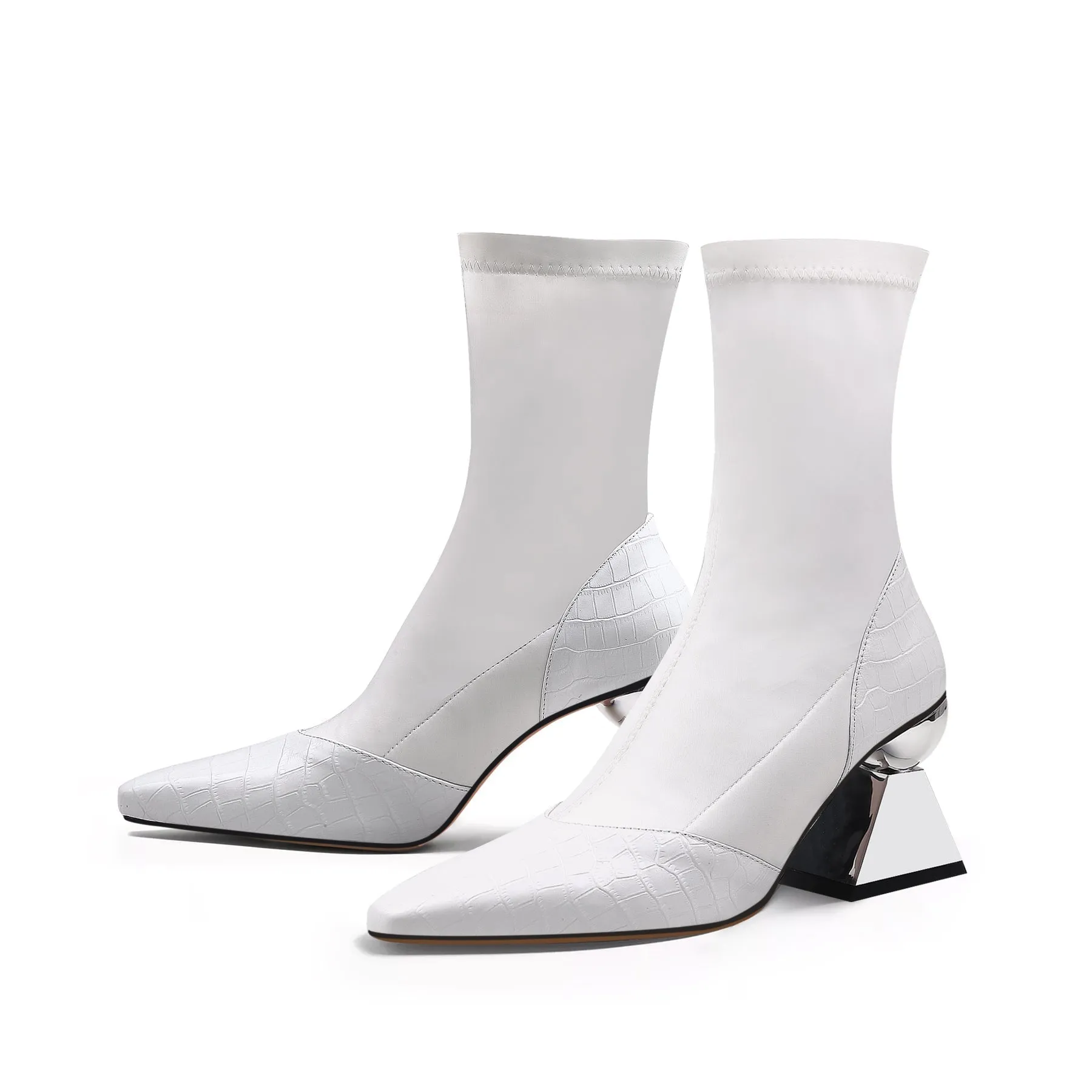 Block Heel Croc Pattern Leather Sock Boot - White