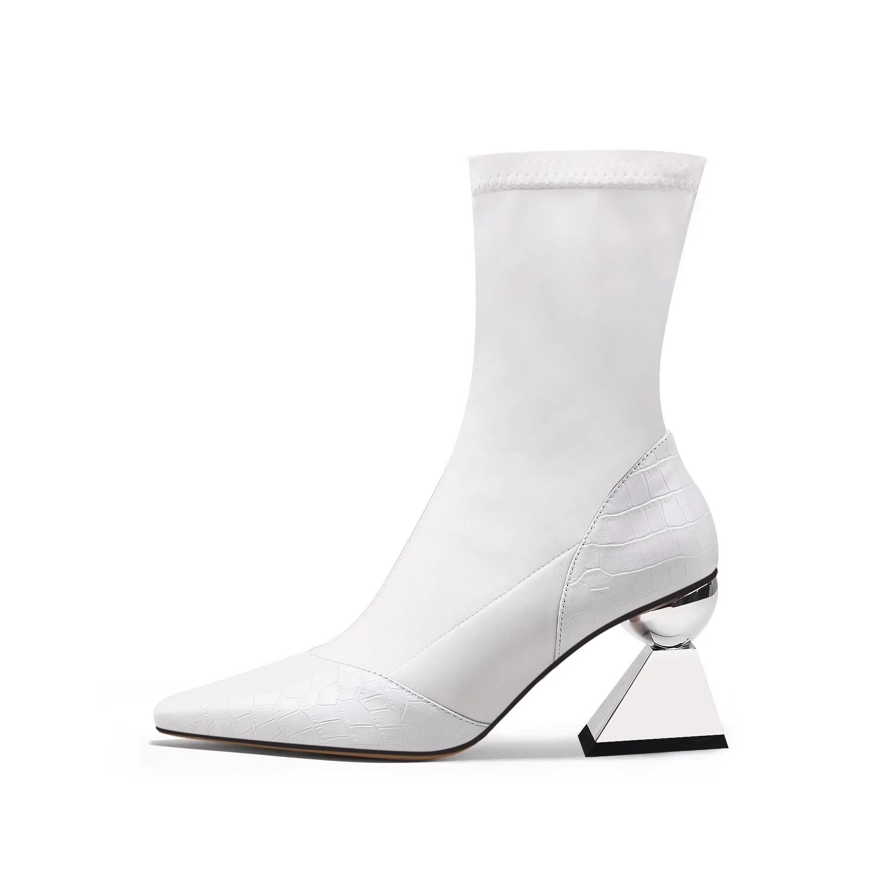 Block Heel Croc Pattern Leather Sock Boot - White