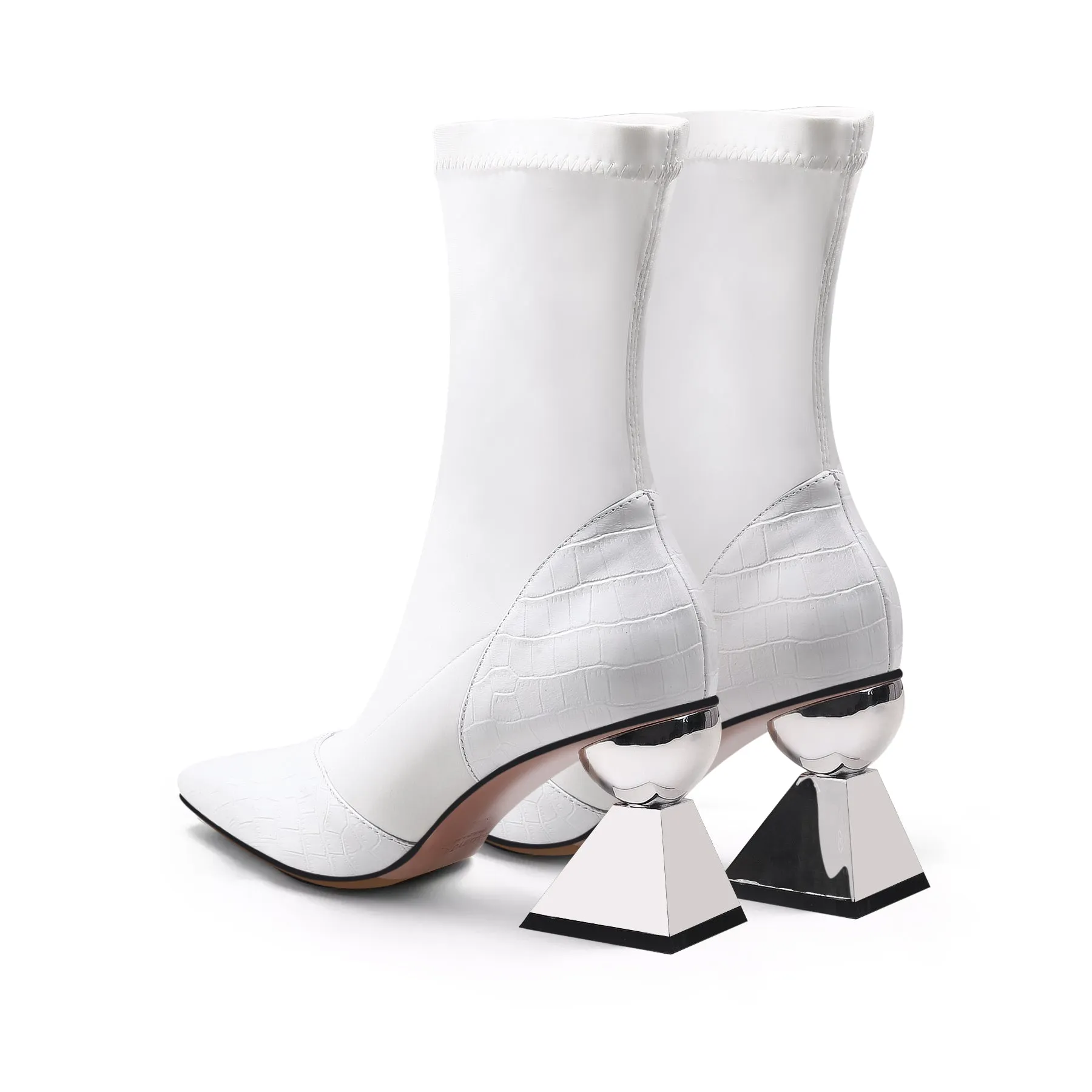 Block Heel Croc Pattern Leather Sock Boot - White