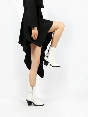 Block Heel Leather Ankle Bootie - White