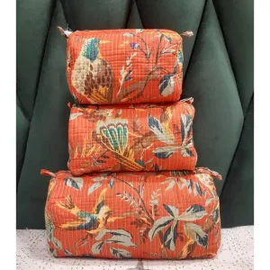 Block Printed Cotton Quilted Toiletry Bag-Orange Bird