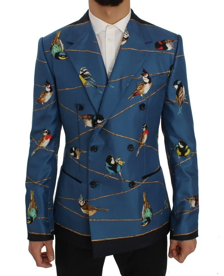 Blue Bird Print Silk Slim Fit Blazer Jacket