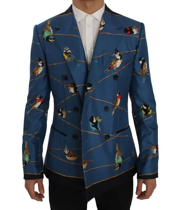Blue Bird Print Silk Slim Fit Blazer Jacket