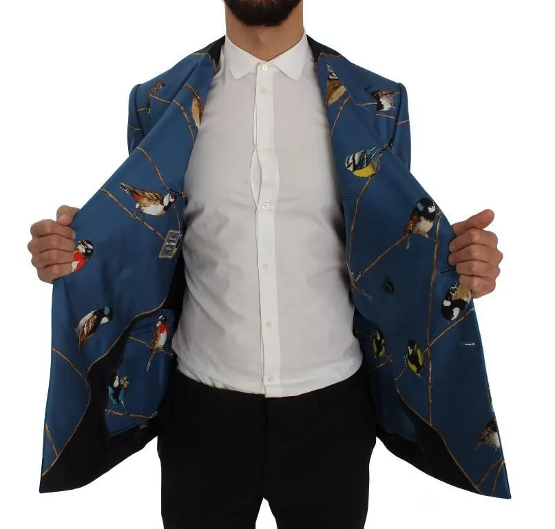 Blue Bird Print Silk Slim Fit Blazer Jacket