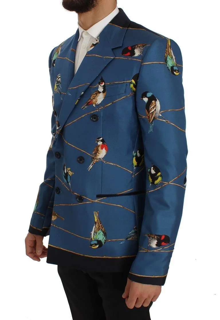 Blue Bird Print Silk Slim Fit Blazer Jacket