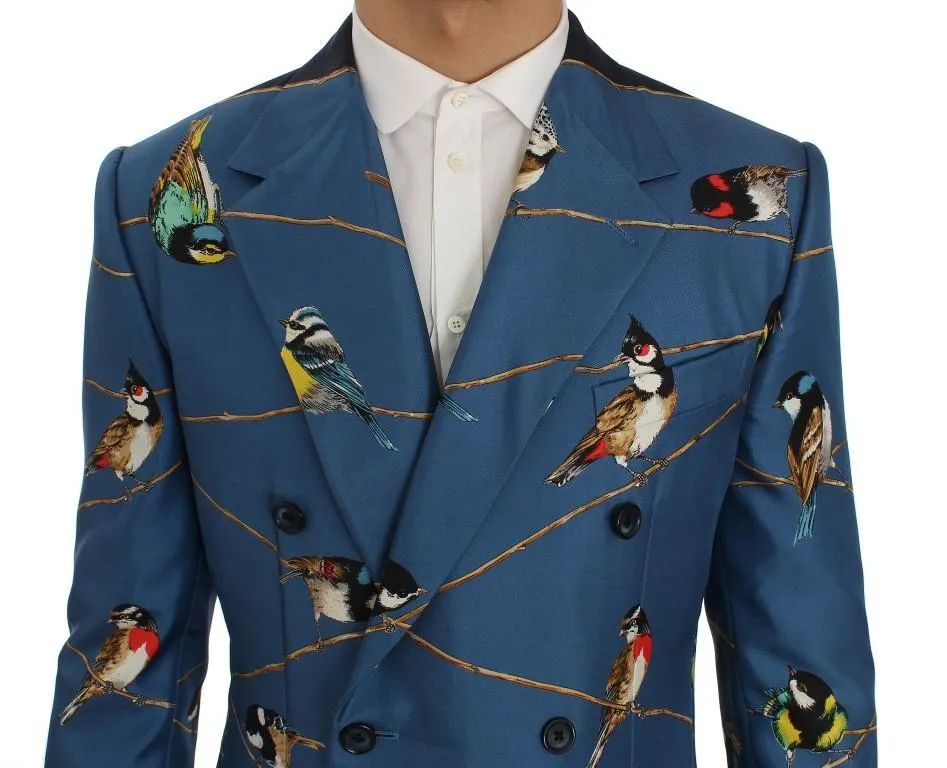 Blue Bird Print Silk Slim Fit Blazer Jacket