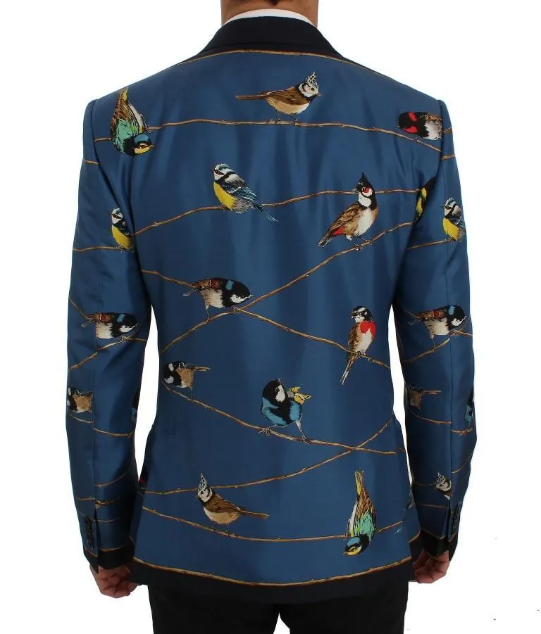 Blue Bird Print Silk Slim Fit Blazer Jacket