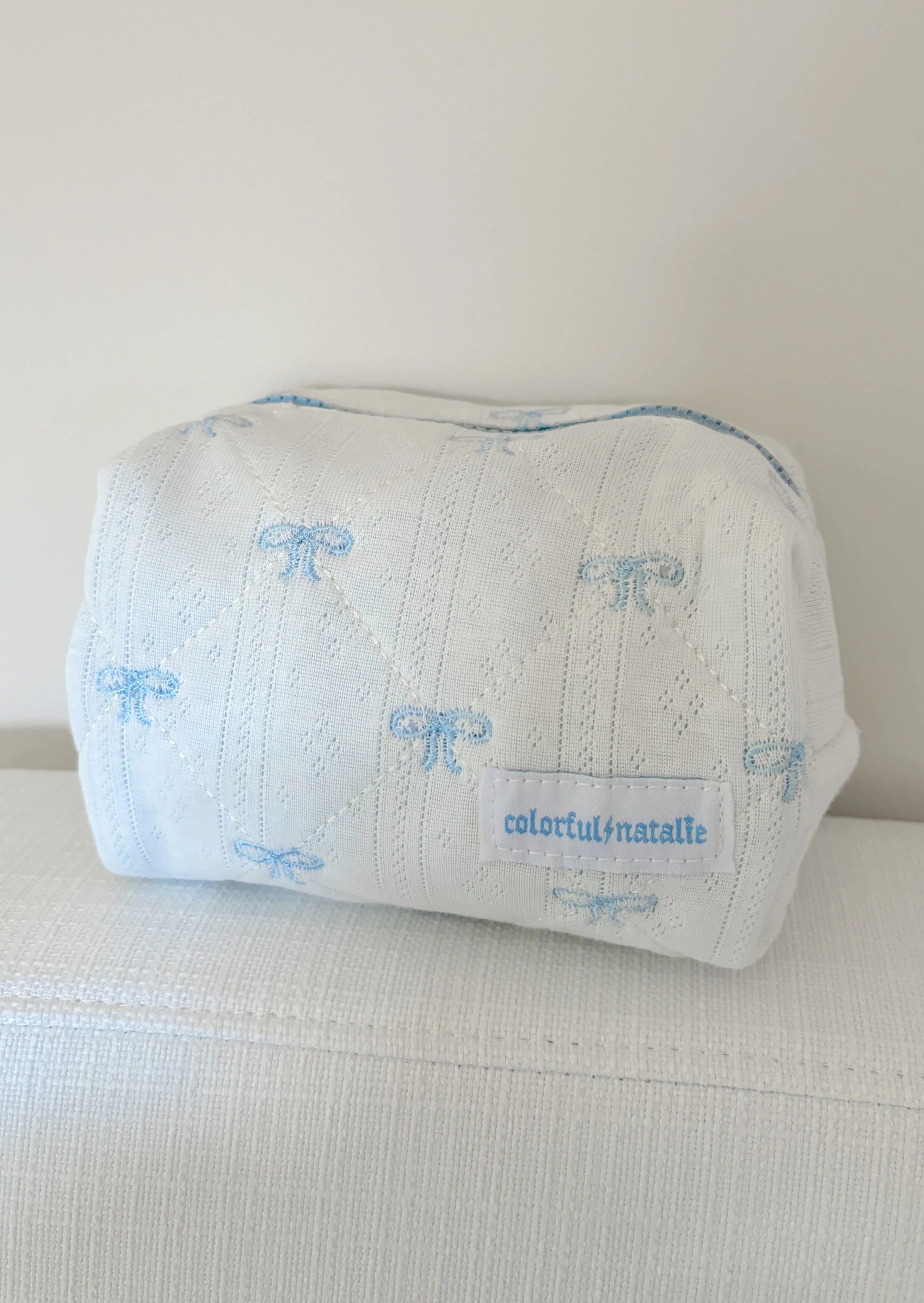 Blue Bows Small Embroidered Makeup Bag