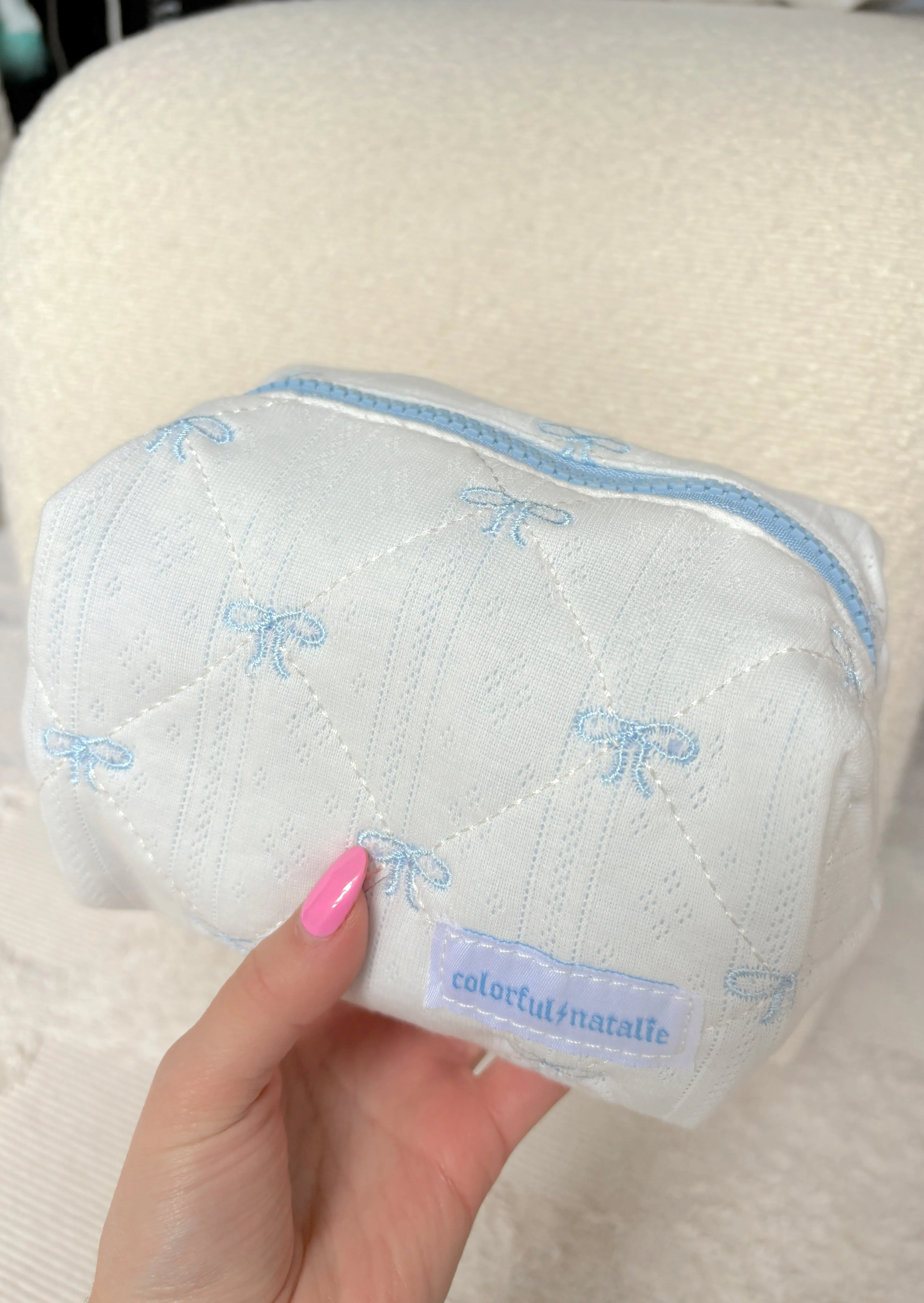 Blue Bows Small Embroidered Makeup Bag