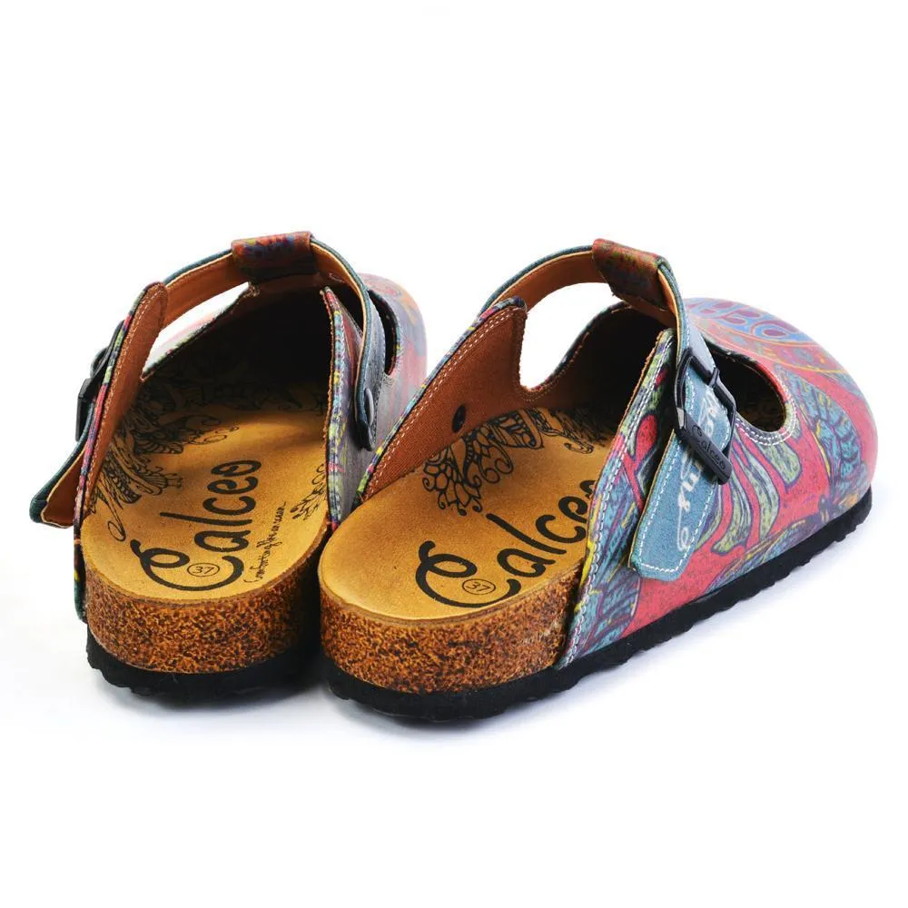 Blue, Orange, Green Peace and Love Written, Colored Dragon and Green Leaf, Blue Butterfly Patterned Clogs - CAL1505