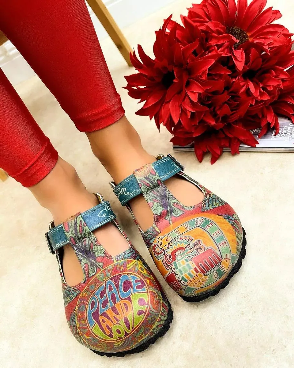 Blue, Orange, Green Peace and Love Written, Colored Dragon and Green Leaf, Blue Butterfly Patterned Clogs - CAL1505