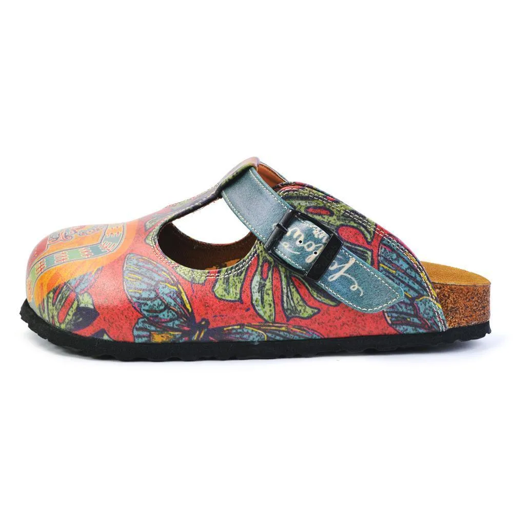 Blue, Orange, Green Peace and Love Written, Colored Dragon and Green Leaf, Blue Butterfly Patterned Clogs - CAL1505