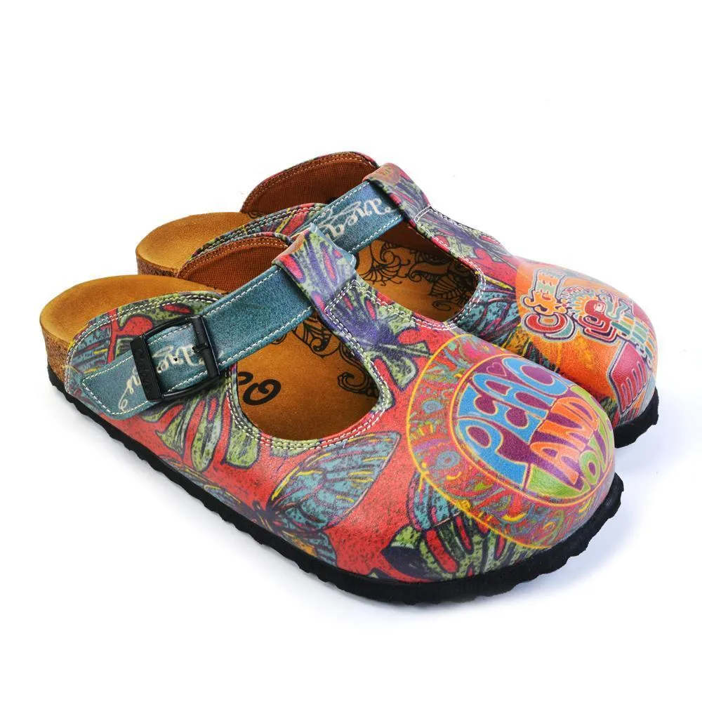 Blue, Orange, Green Peace and Love Written, Colored Dragon and Green Leaf, Blue Butterfly Patterned Clogs - CAL1505