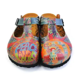 Blue, Orange, Green Peace and Love Written, Colored Dragon and Green Leaf, Blue Butterfly Patterned Clogs - CAL1505