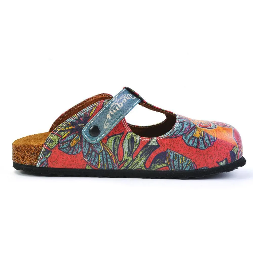 Blue, Orange, Green Peace and Love Written, Colored Dragon and Green Leaf, Blue Butterfly Patterned Clogs - CAL1505