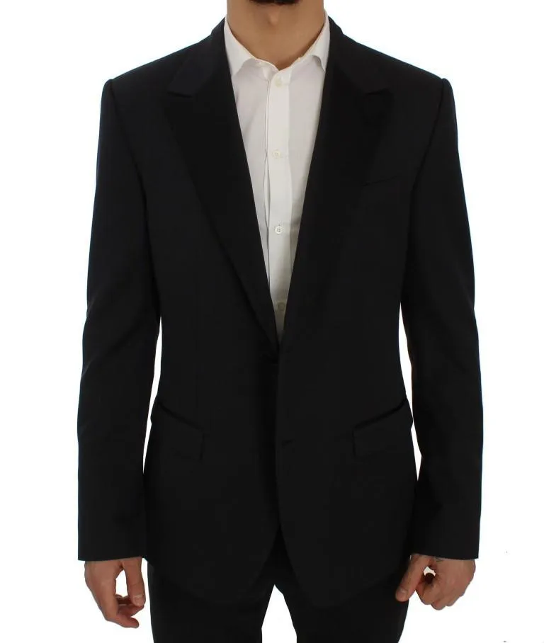 Blue Wool Silk Slim Fit Blazer Jacket