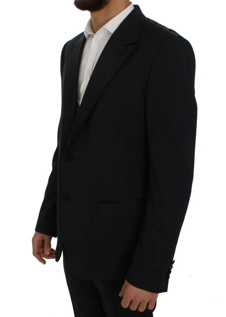 Blue Wool Silk Slim Fit Blazer Jacket