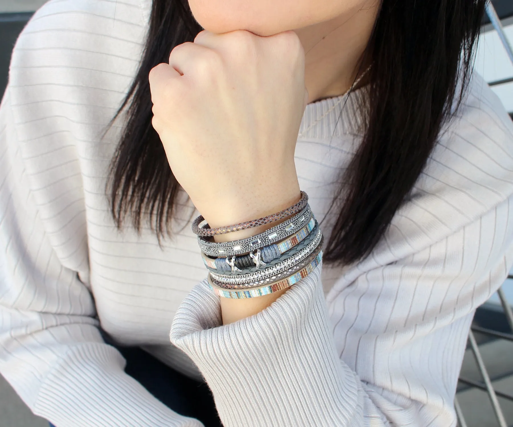 Boho Gray Multicolor Leather Bracelet